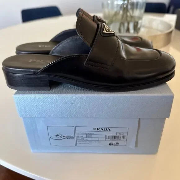 Prada Black Square Toe Leather Logo Slip-On Mules EU 36.5 US 6.5 Authentic - Picture 8 of 10